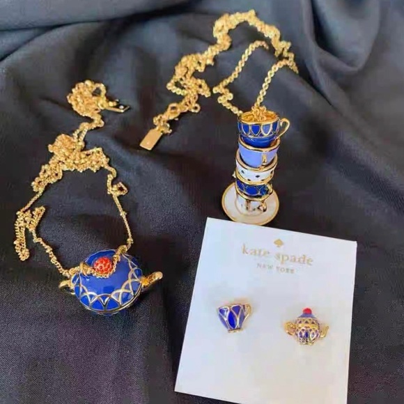 Kate Spade | Disney ~ Alice In Wonderland Blue Enamel Teacup Studs 12k Gold - Picture 9 of 12